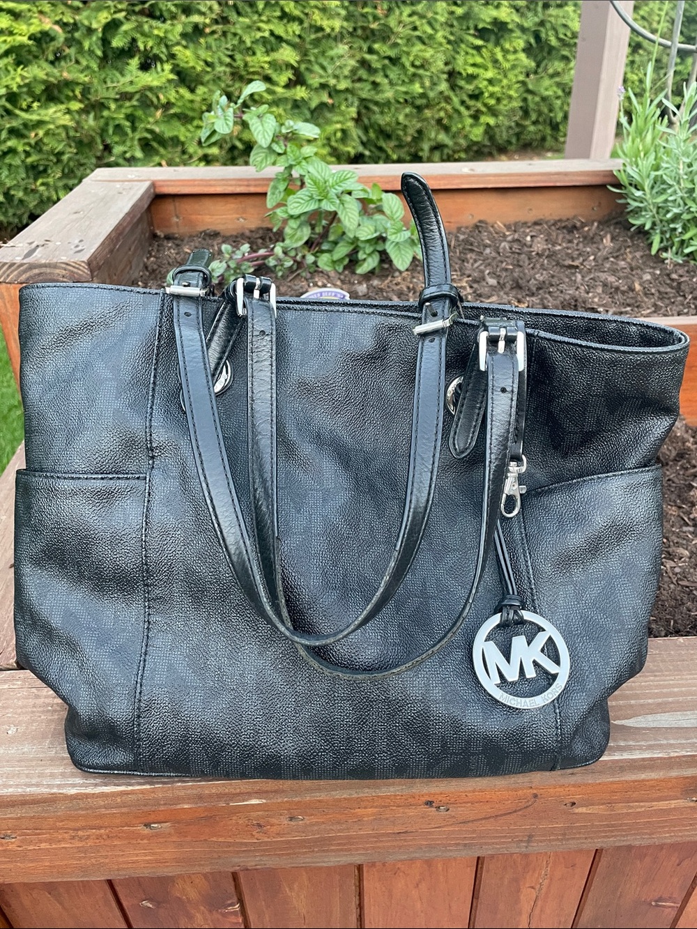 Michael Kors Black Leather Tote with MK Charm